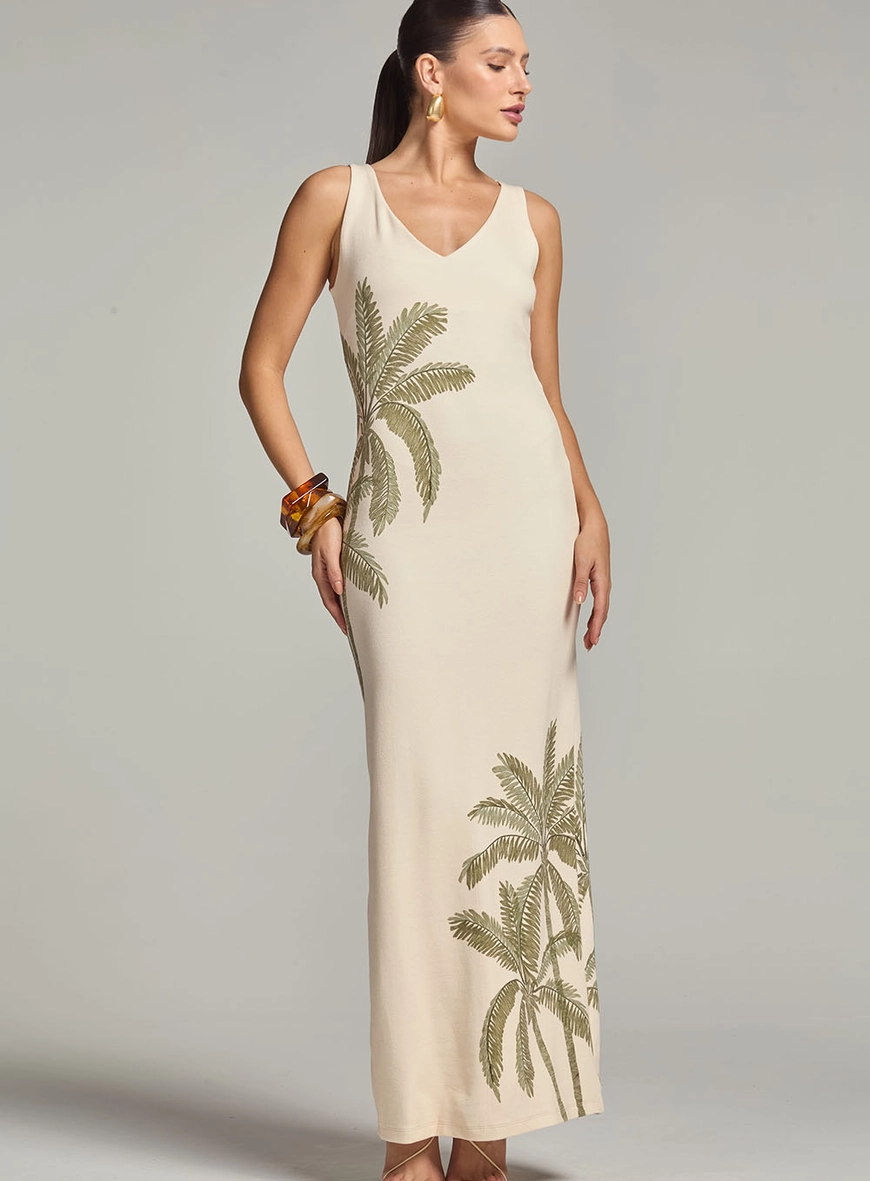 Vestido Longo Estampado Com Decote V E Fenda Bege 2