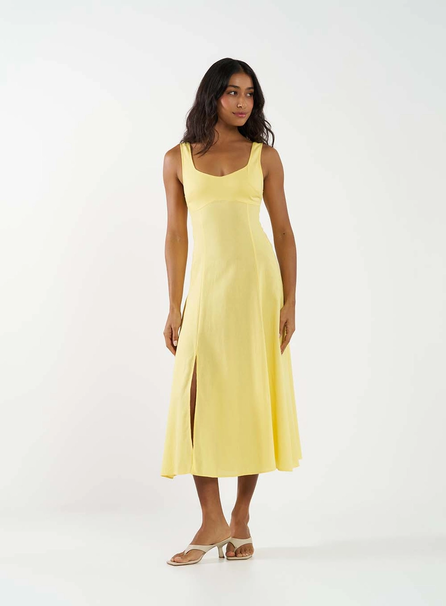 Vestido Midi Comfort Com Fenda Amarelo 1