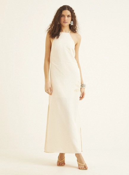 Vestido Longo Estampado Com Aplicação