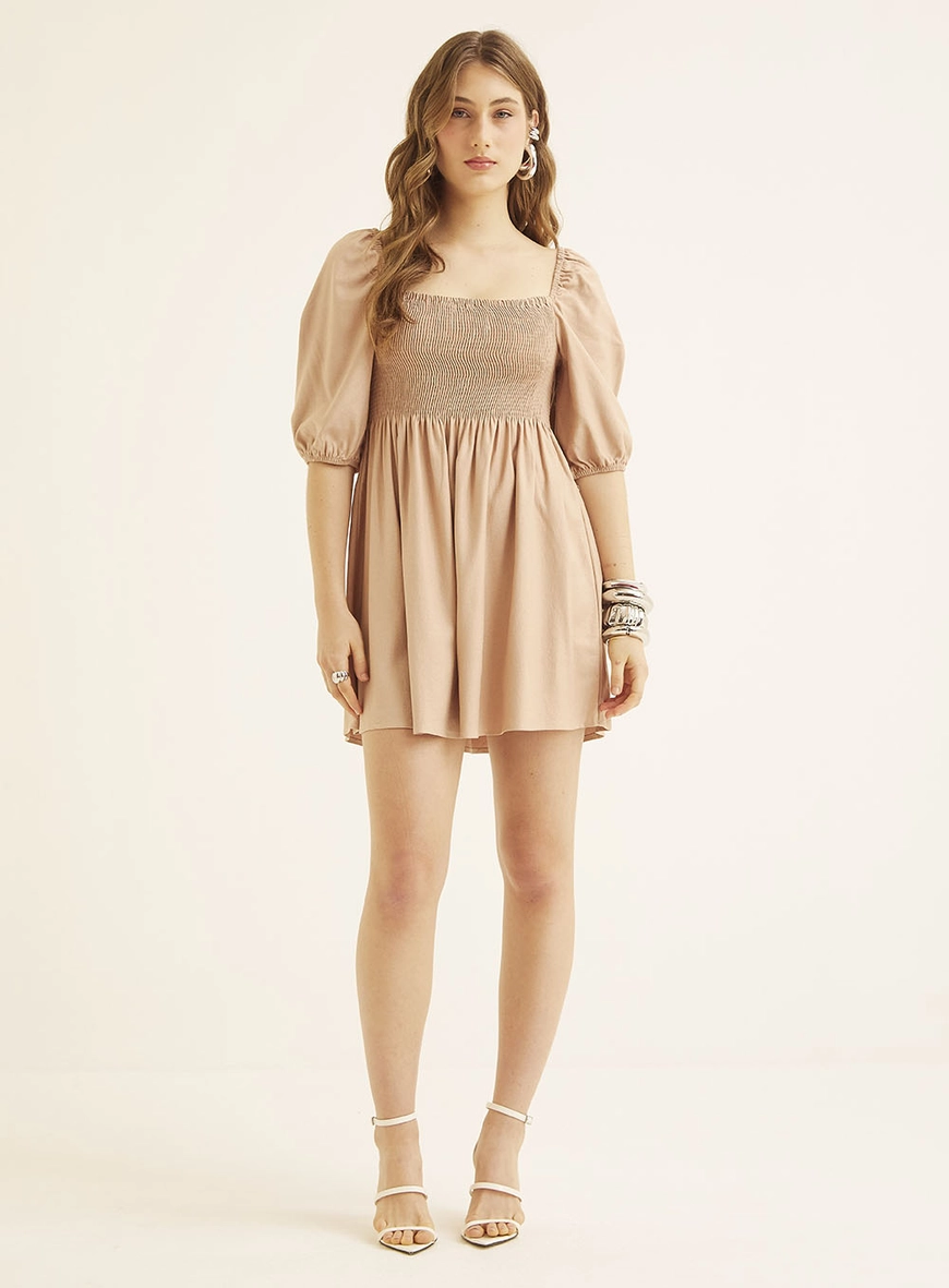 Vestido Curto Comfort Com Mangas Bufantes Bege 2