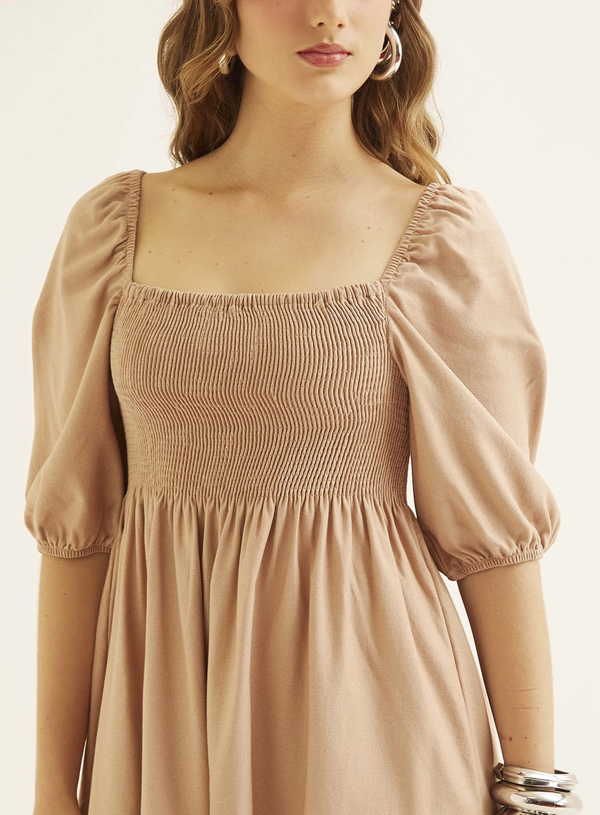 Vestido Curto Comfort Com Mangas Bufantes Bege 3