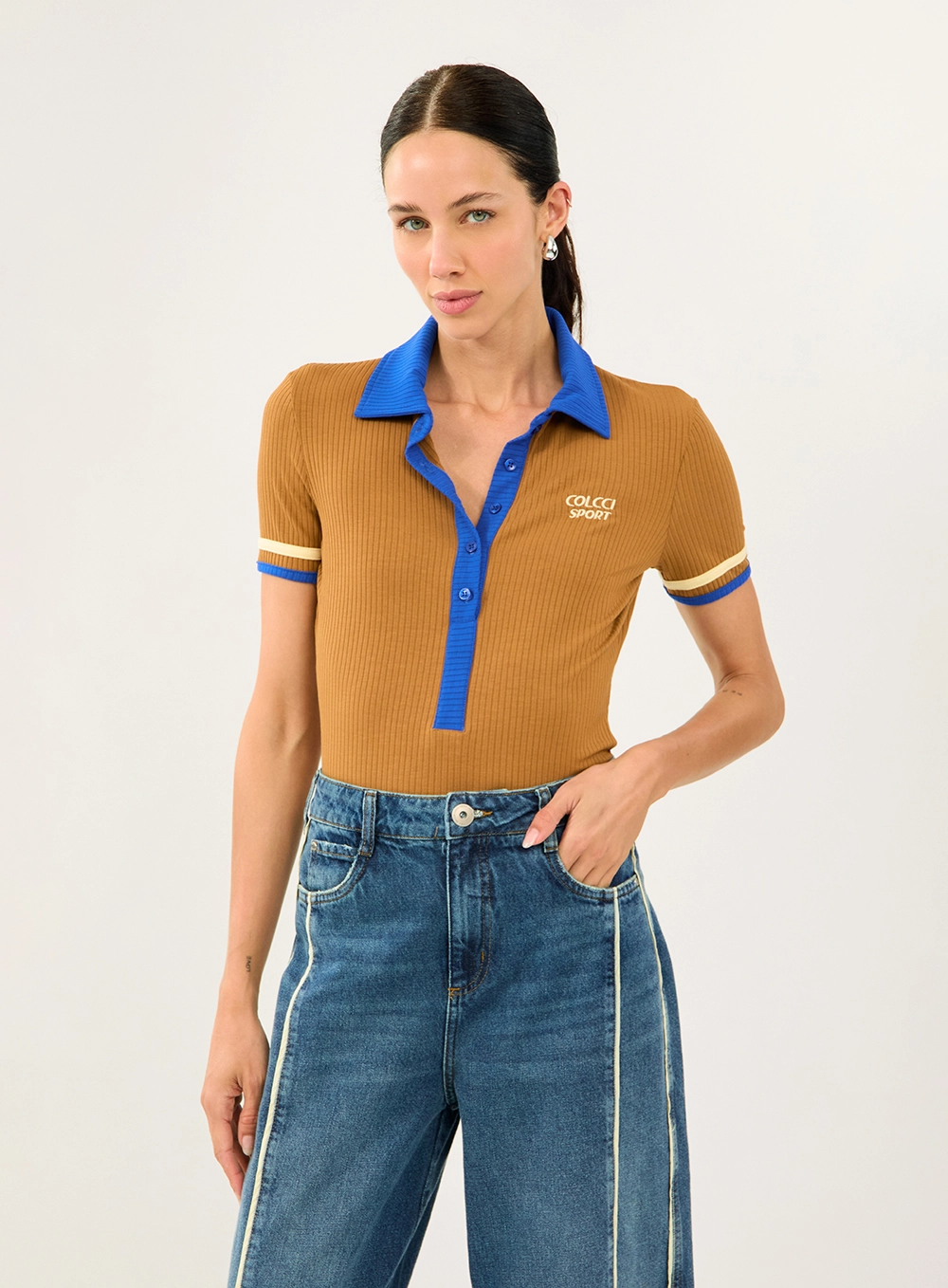 Blusa Canelada Duo Color Marrom
