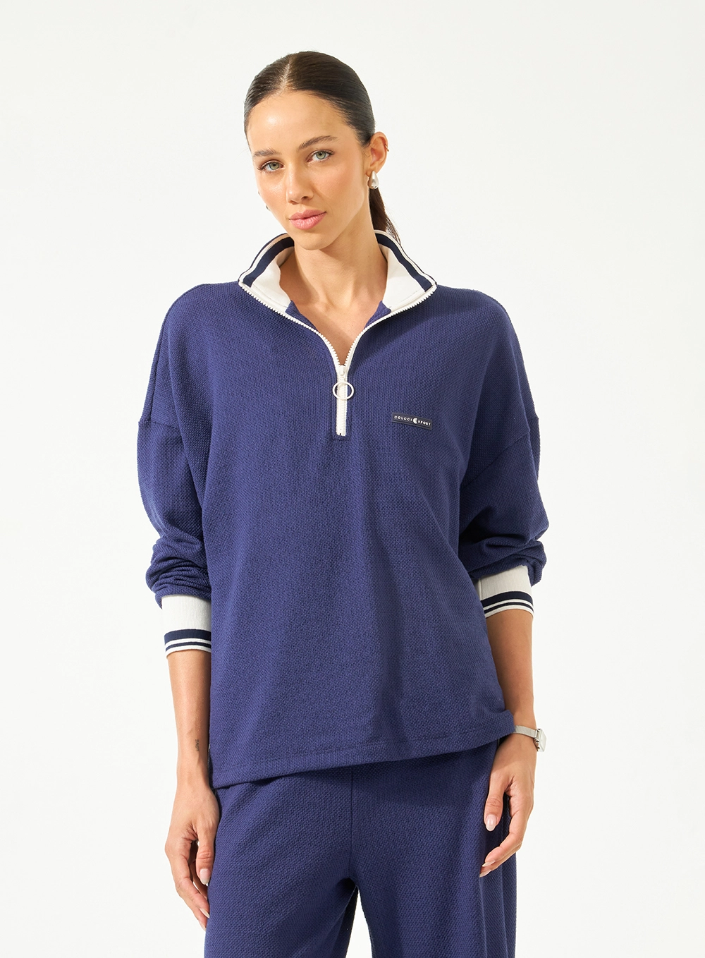 Blusão Loose Gola Alta Com Zíper Azul