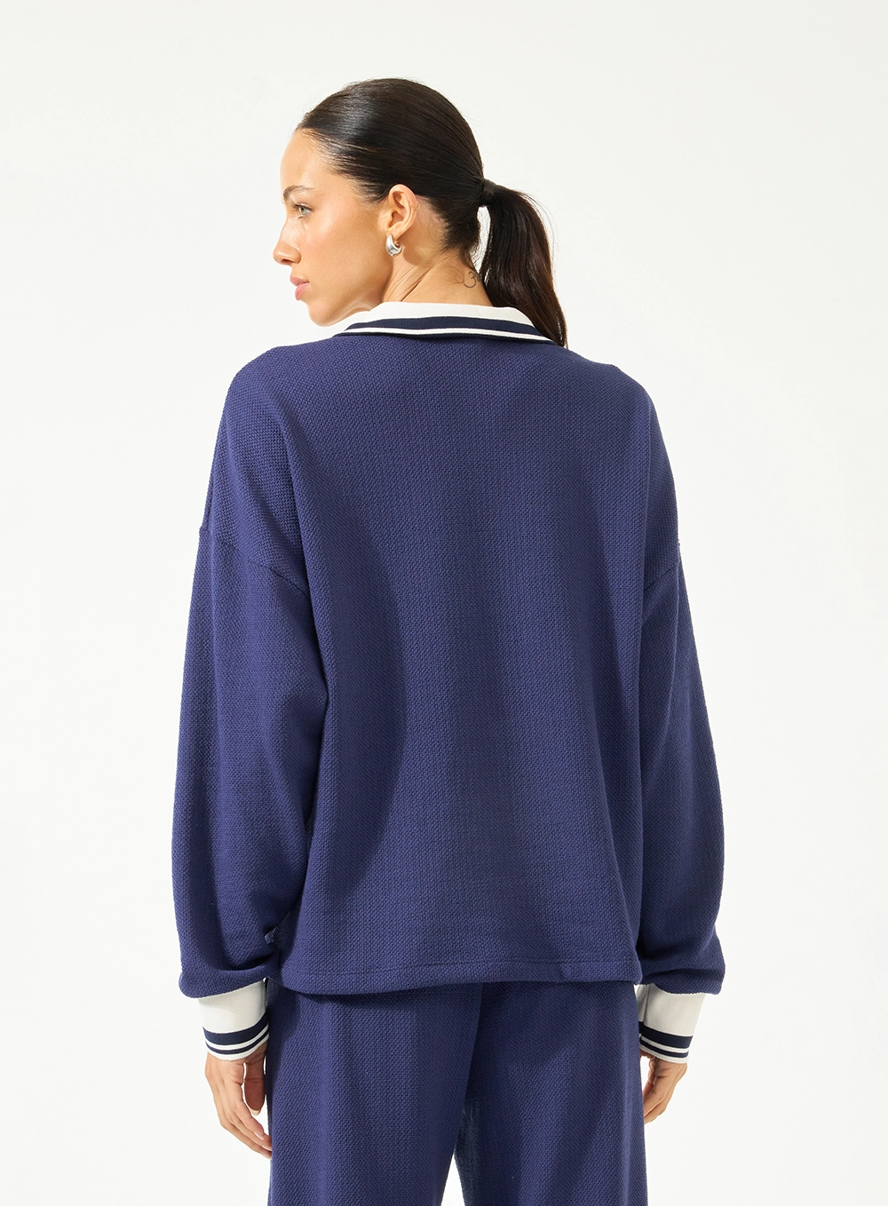 Blusão Loose Gola Alta Com Zíper Azul