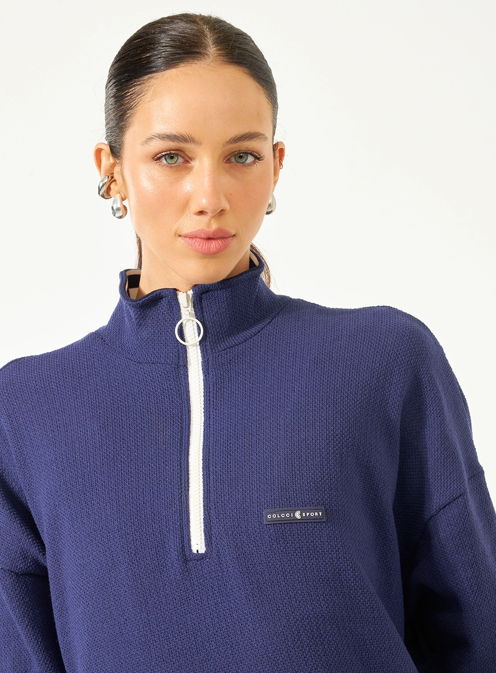 Blusão Loose Gola Alta Com Zíper Azul