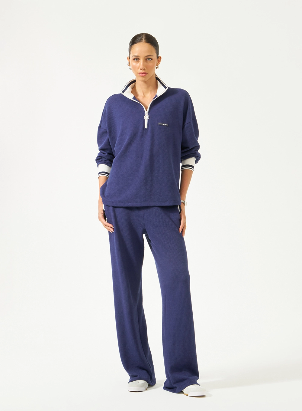 Blusão Loose Gola Alta Com Zíper Azul