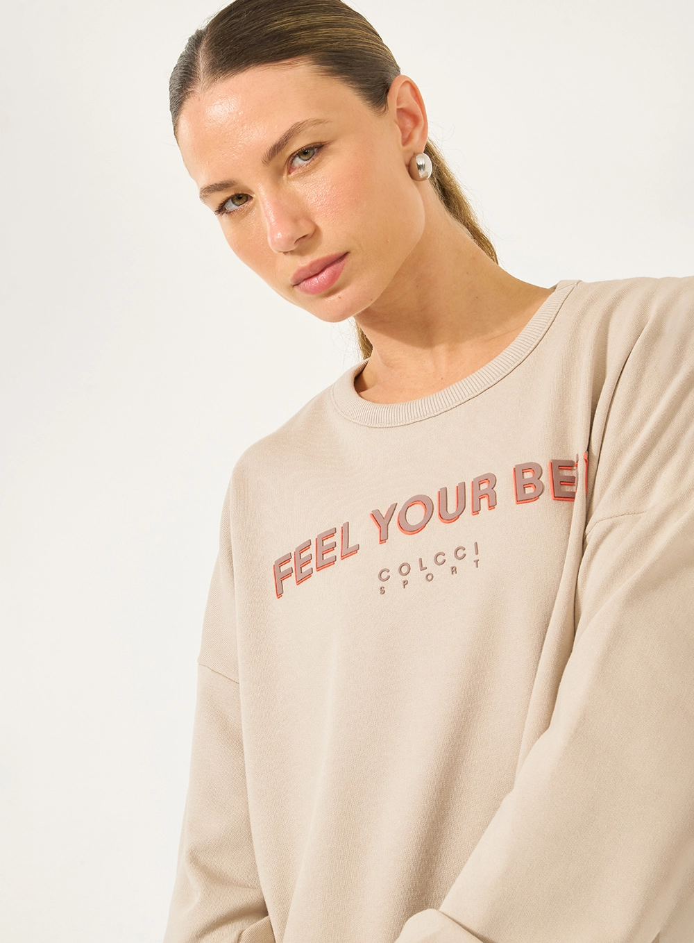 Blusão Moletom Com Estampa Feel Your Best Bege