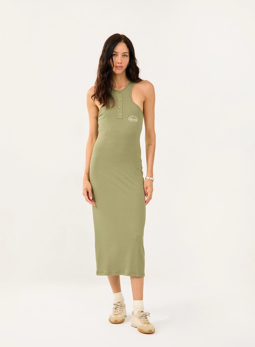 Vestido Midi Canelado Alças Cavadas