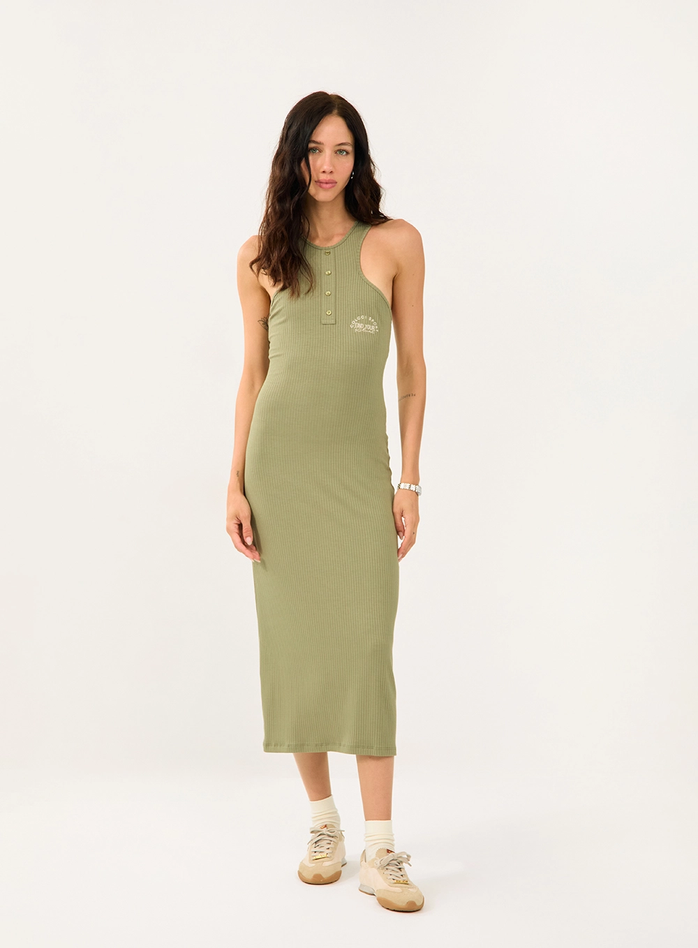 Vestido Midi Canelado Alças Cavadas Verde