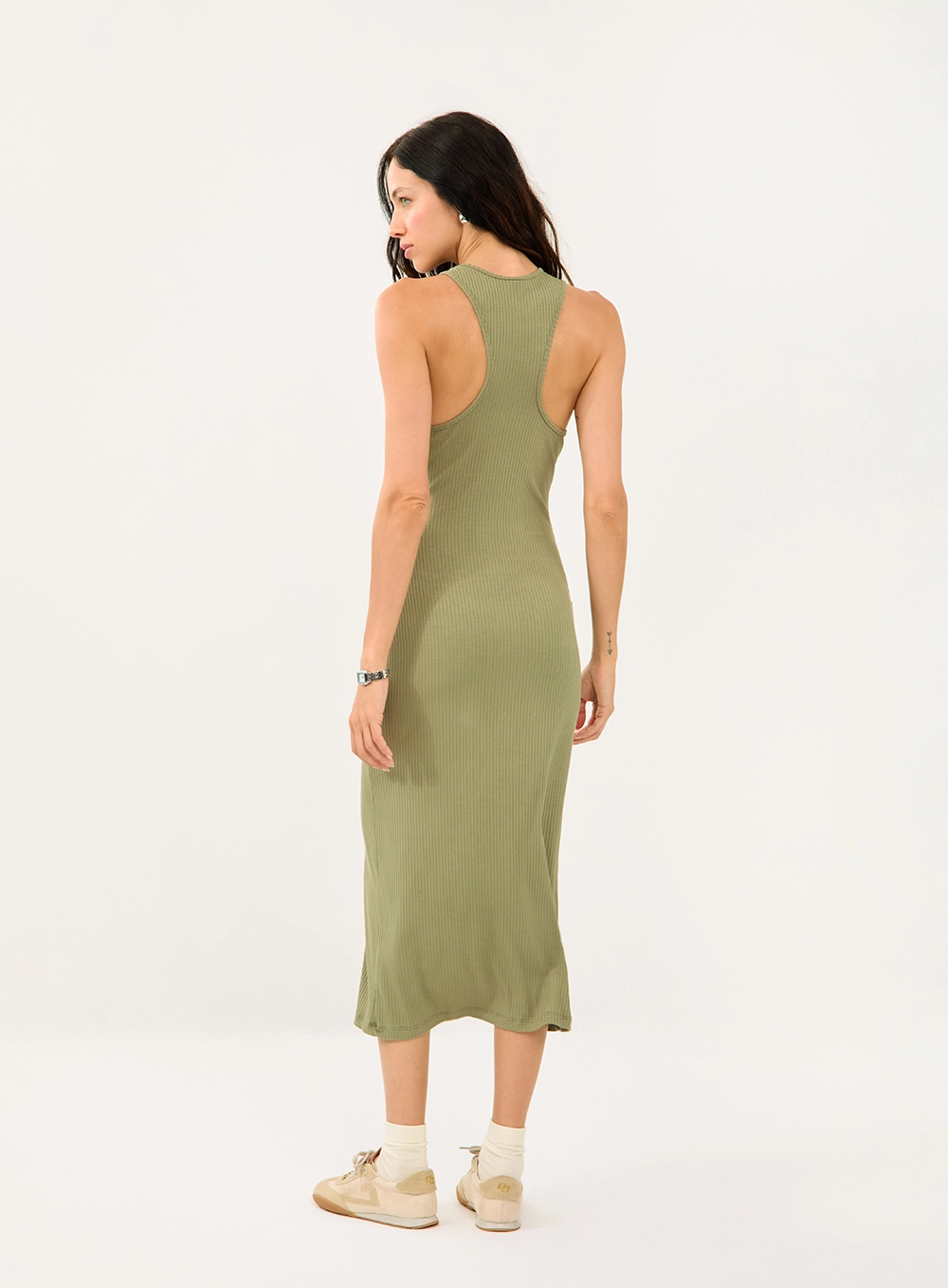 Vestido Midi Canelado Alças Cavadas Verde