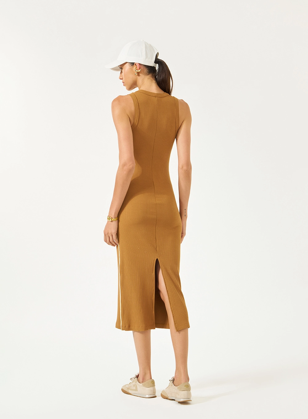 Vestido Midi Canelado Marrom