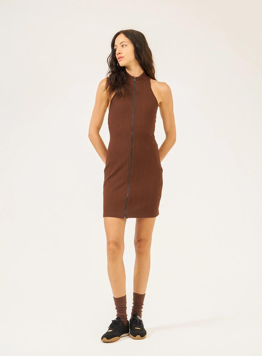 Vestido Canelado Slim Fecho Em Zíper Frontal