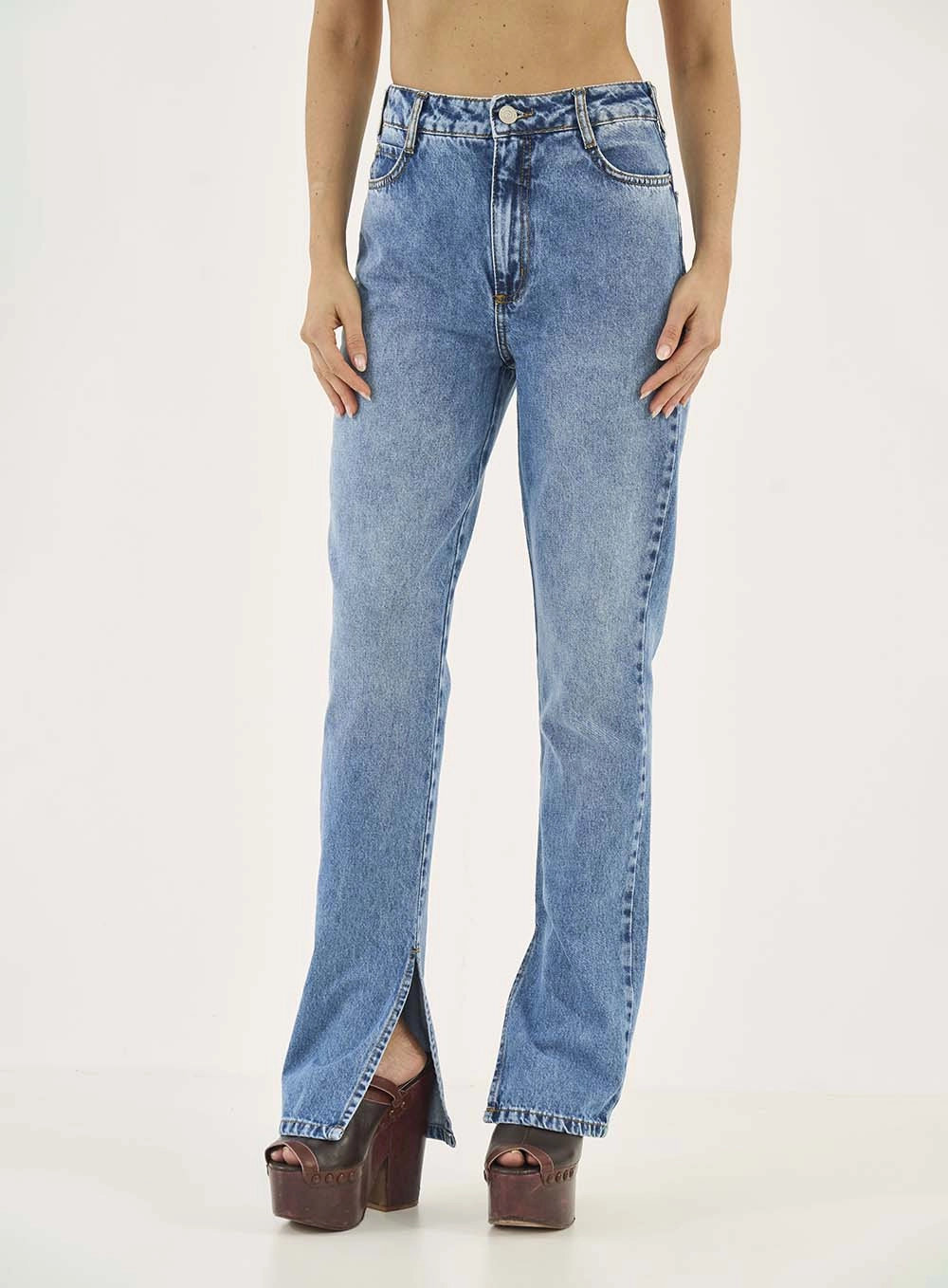 Calça Jeans Roma Reta Barra Com Fenda Índigo