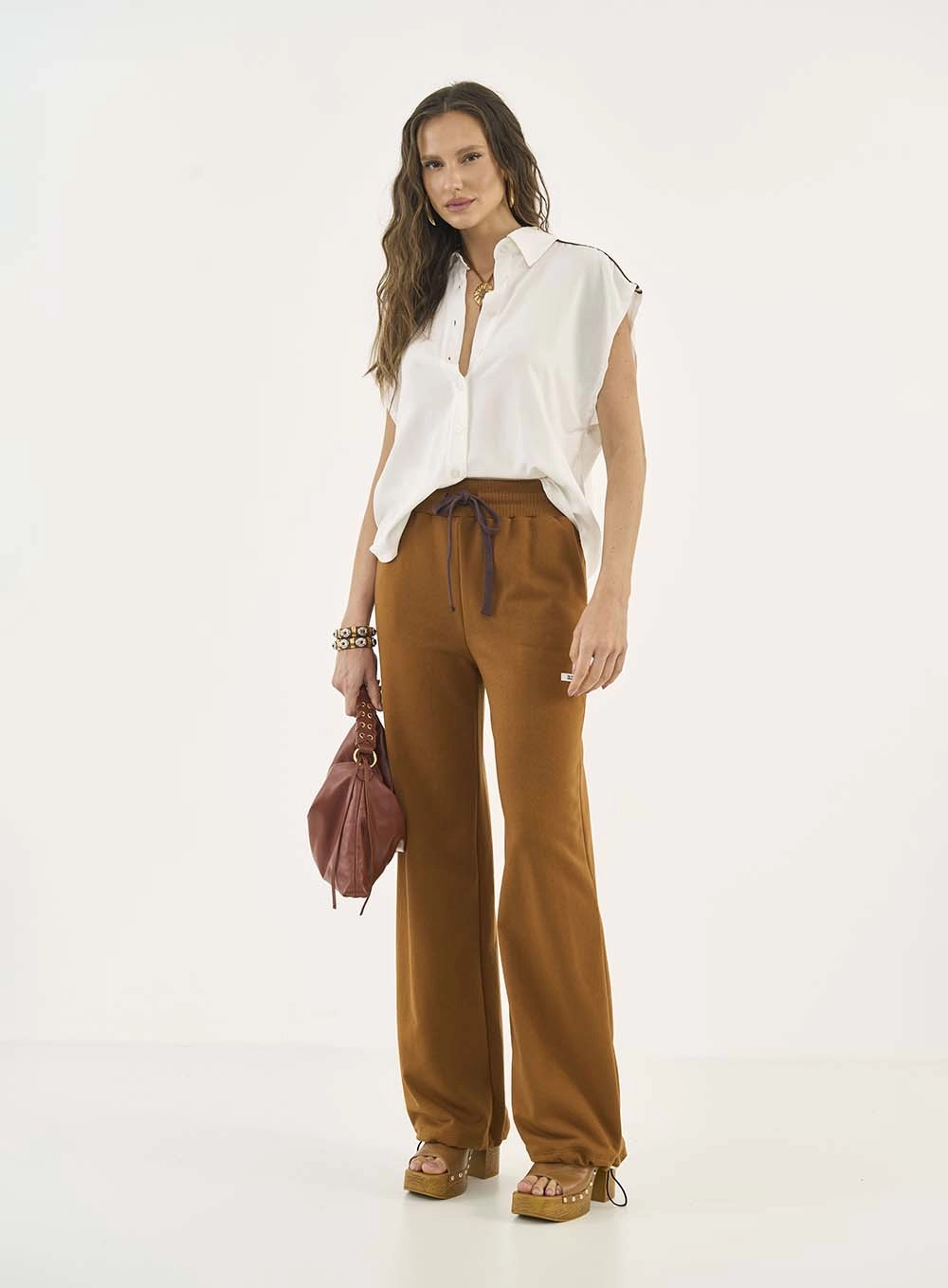 Calça Moletom Wide Leg Marrom