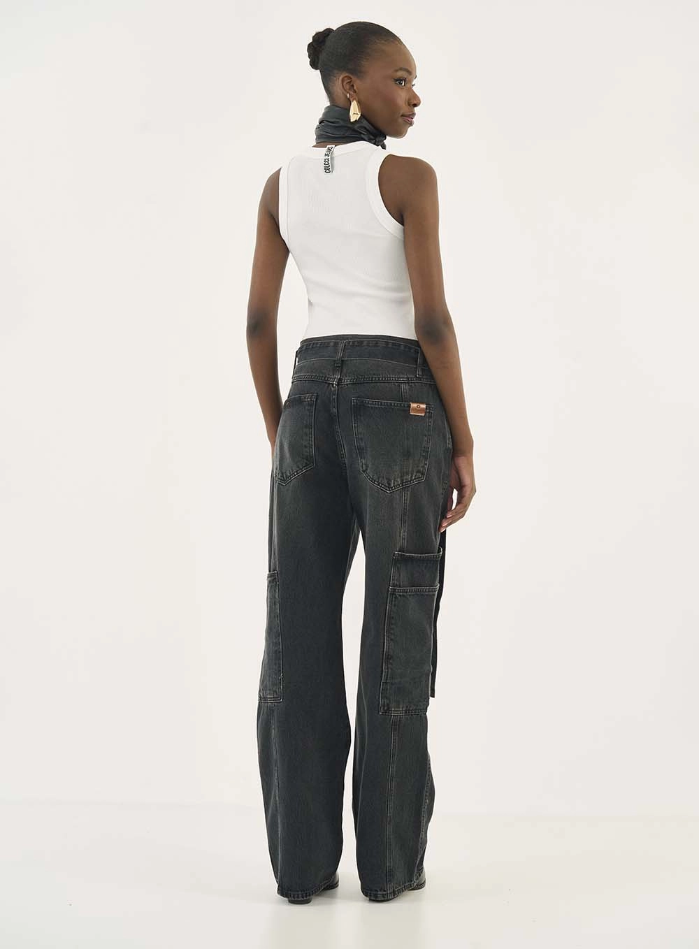 Calça Jeans Barcelona Com Bolsos Cargo Indigo Preto