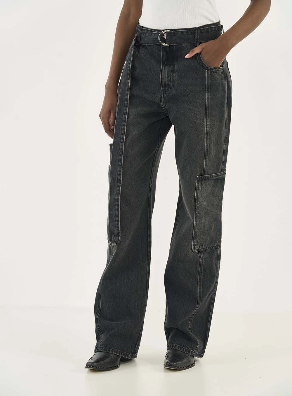 Calça Jeans Barcelona Com Bolsos Cargo Indigo Preto