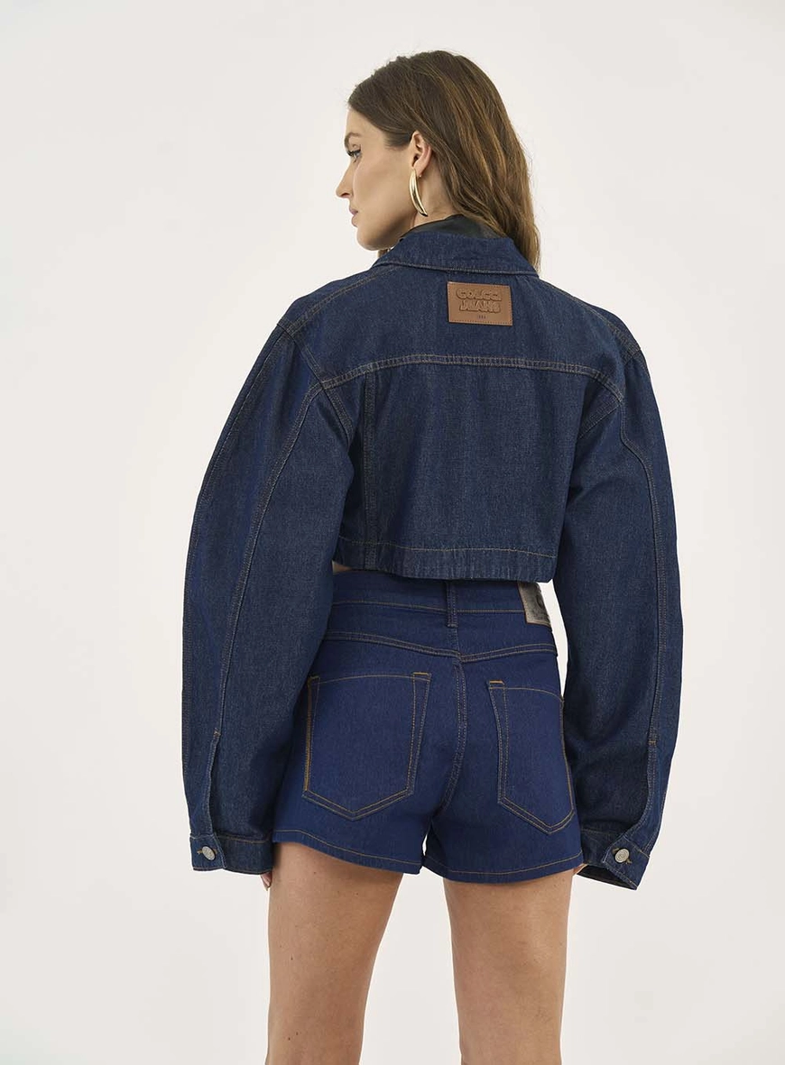 Jaqueta Jeans Cropped Com Bolsos Frontais Jaqueta Jeans Cropped
