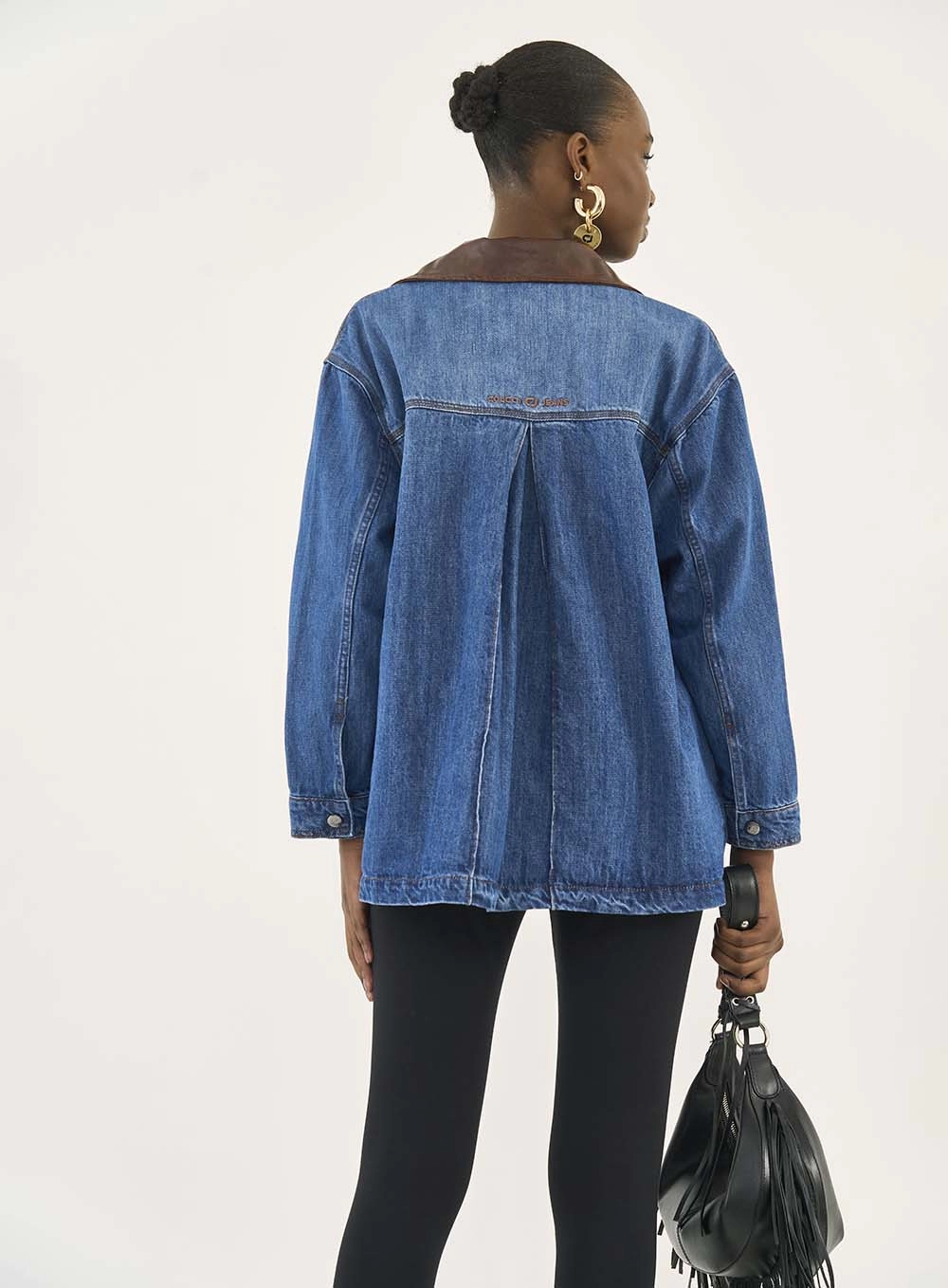Jaqueta Jeans Loose Com Detalhes Em Pu Índigo