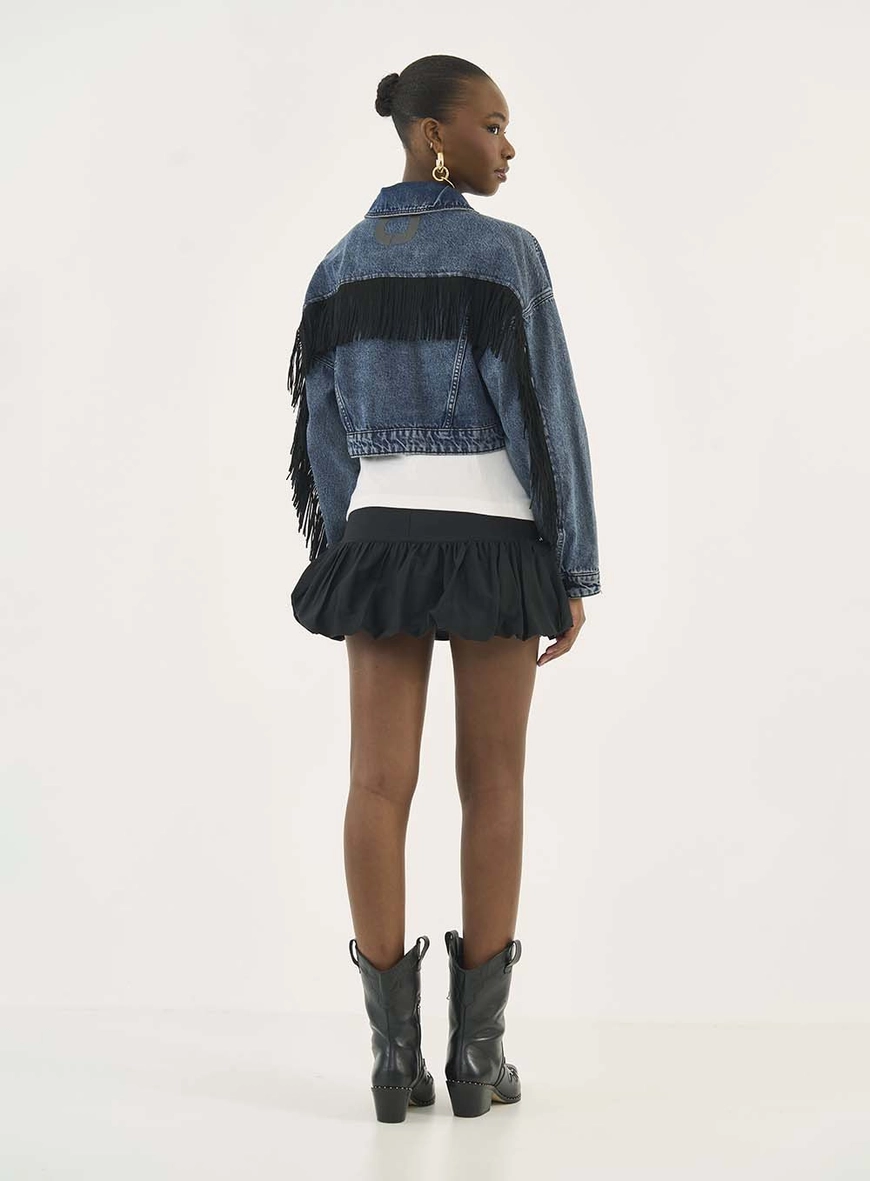 Jaqueta Jeans Cropped Com Franjas Jaqueta Jeans Cropped Com