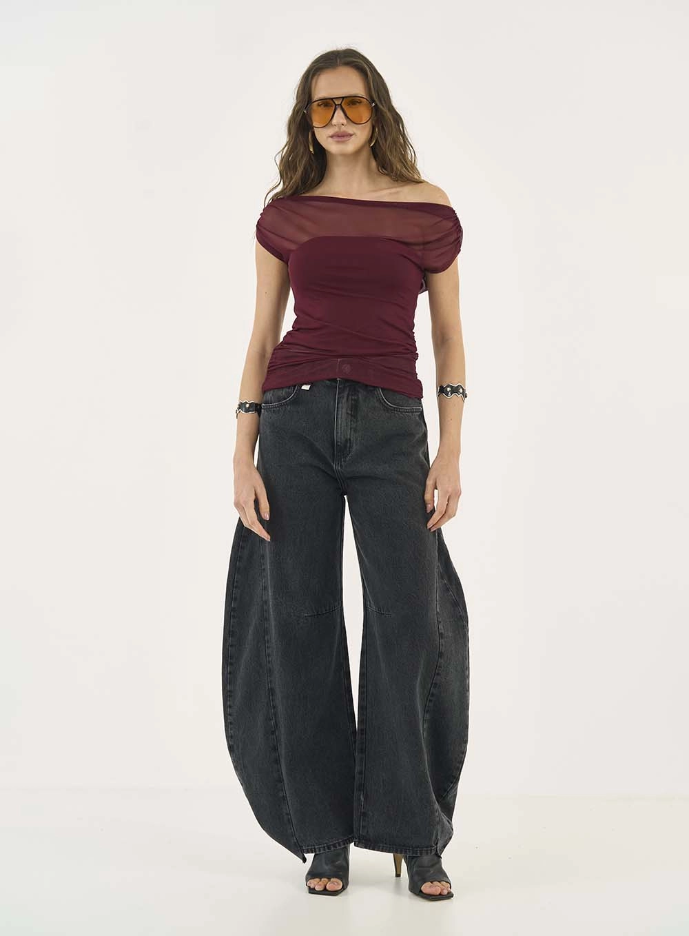 Blusa Slim Em Tule Assimétrica Bordo