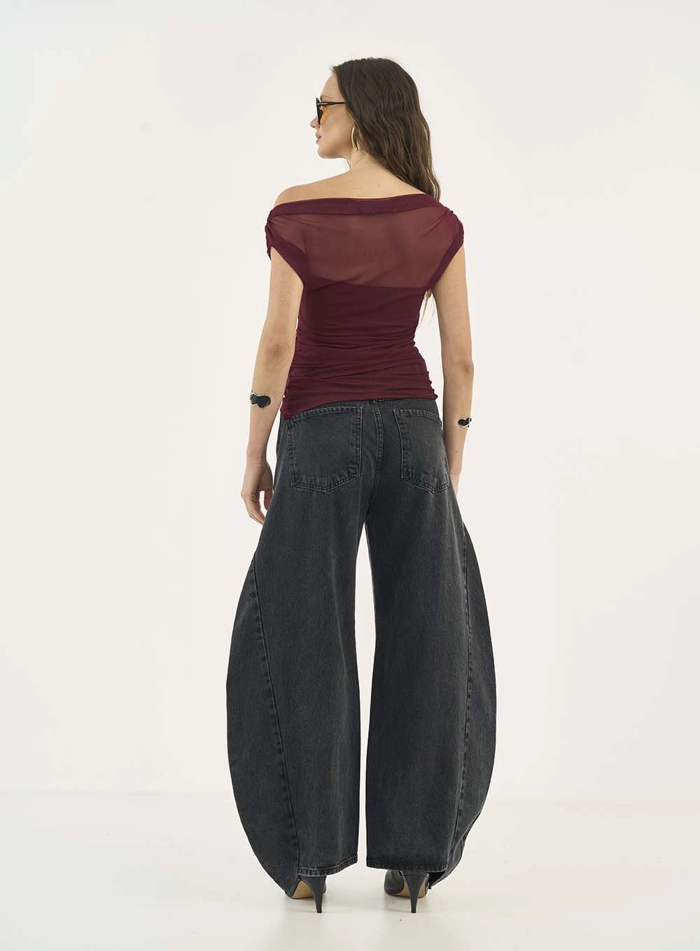 Blusa Slim Em Tule Assimétrica Bordo