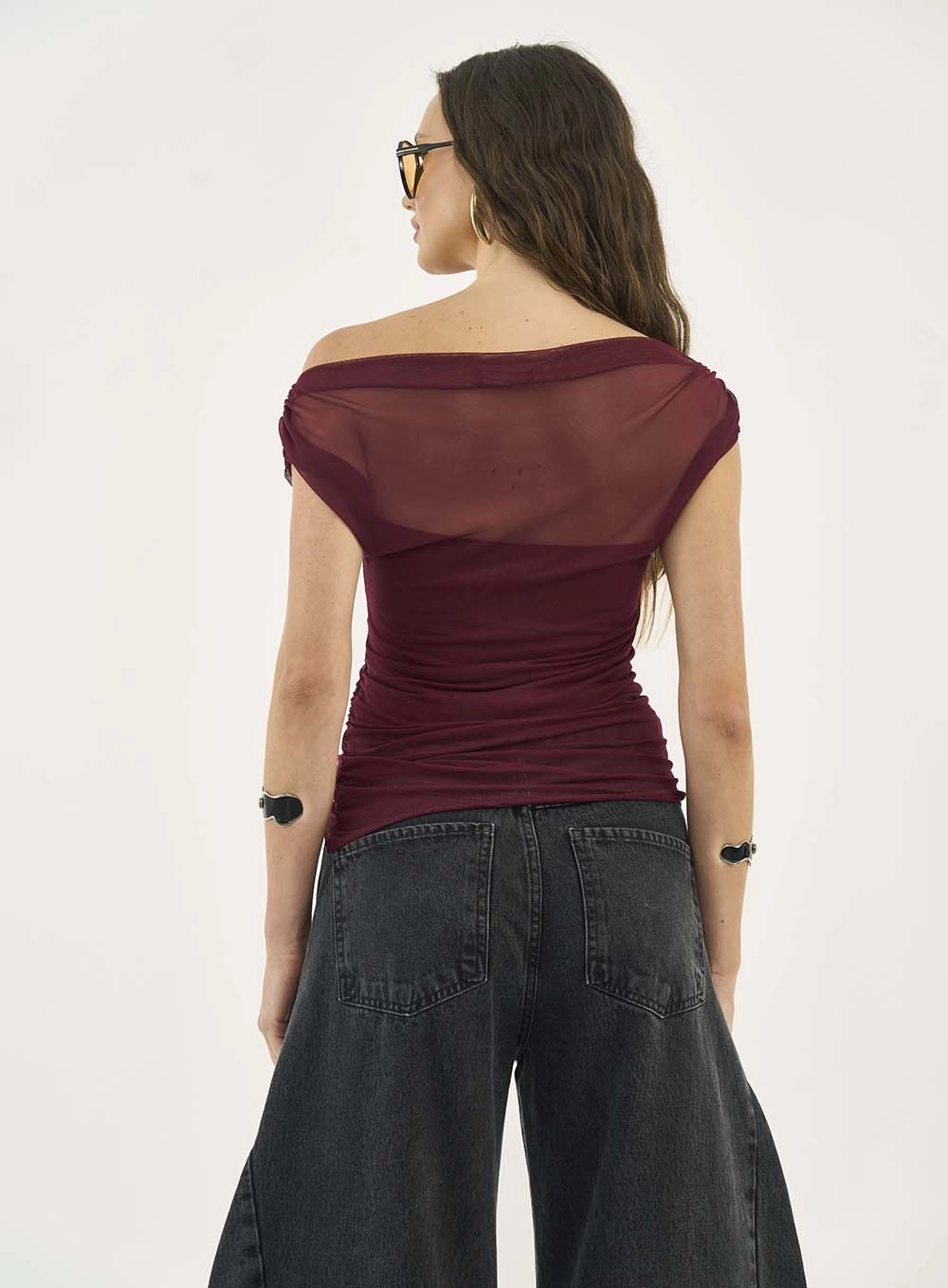Blusa Slim Em Tule Assimétrica Bordo