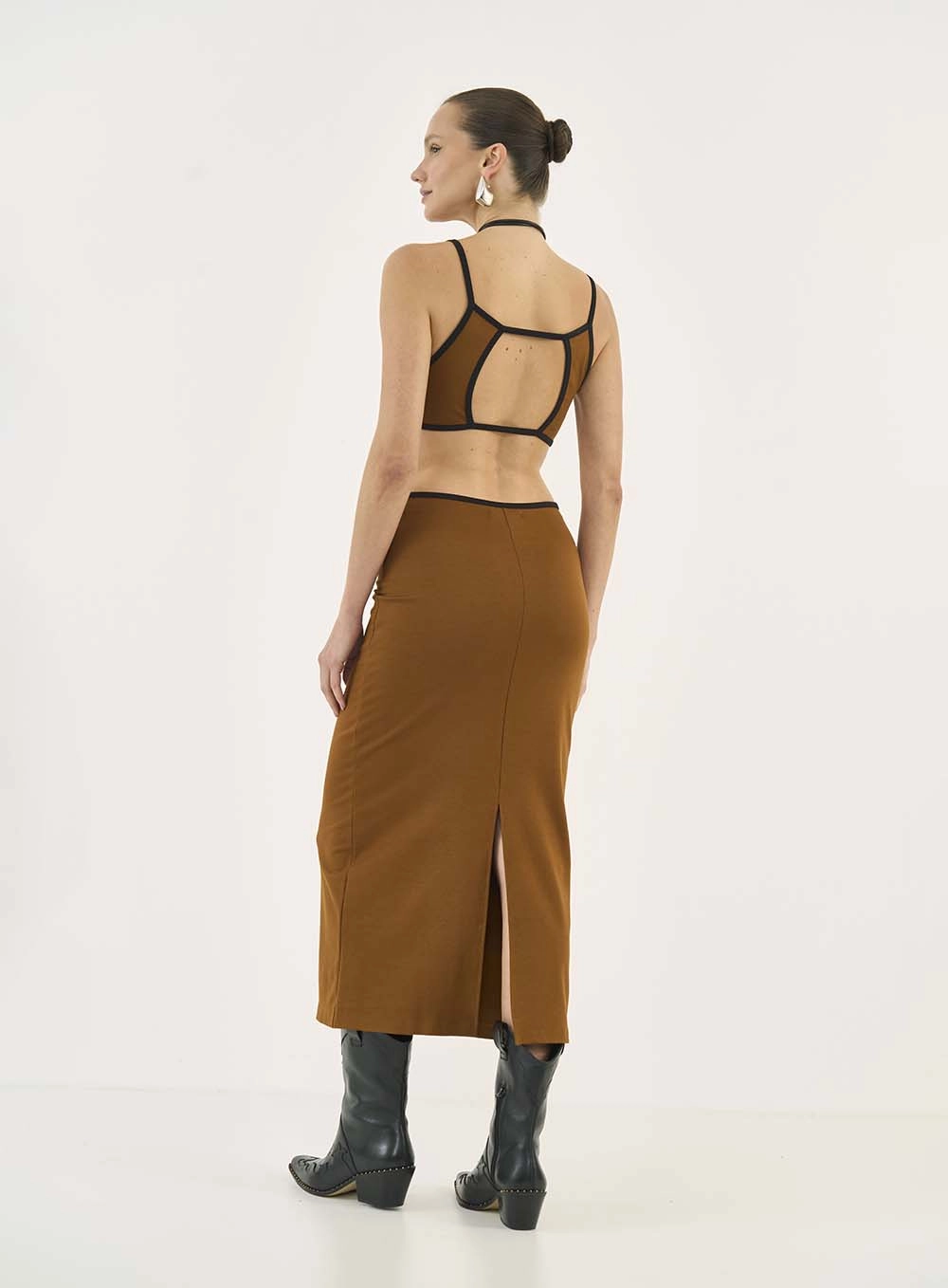Vestido Midi Duo Color Frente Única Marrom