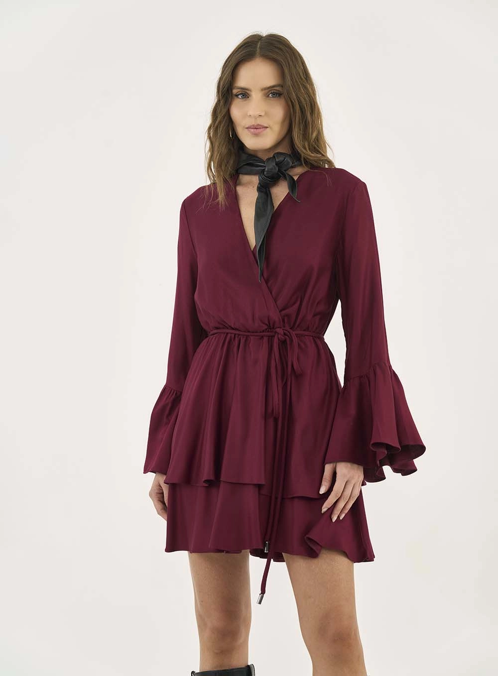 Vestido Comfy Com Transpasse E Camadas Bordô