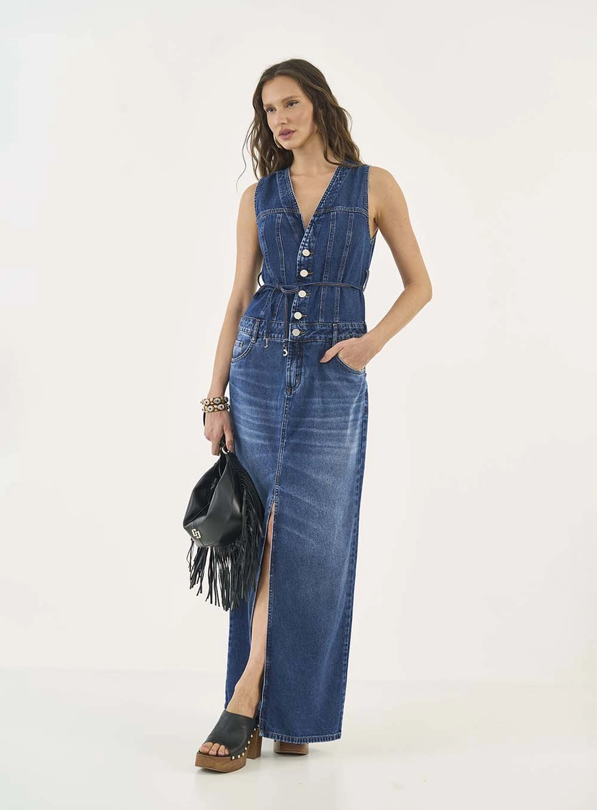 Vestido Longo Acinturado Com Fenda