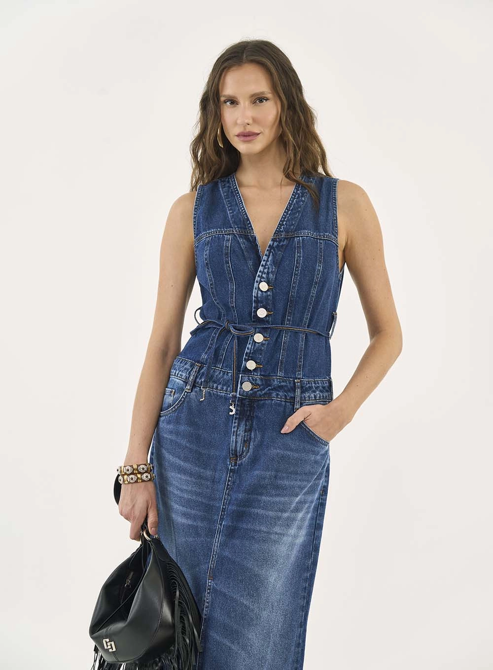 Vestido Longo Acinturado Com Fenda Índigo