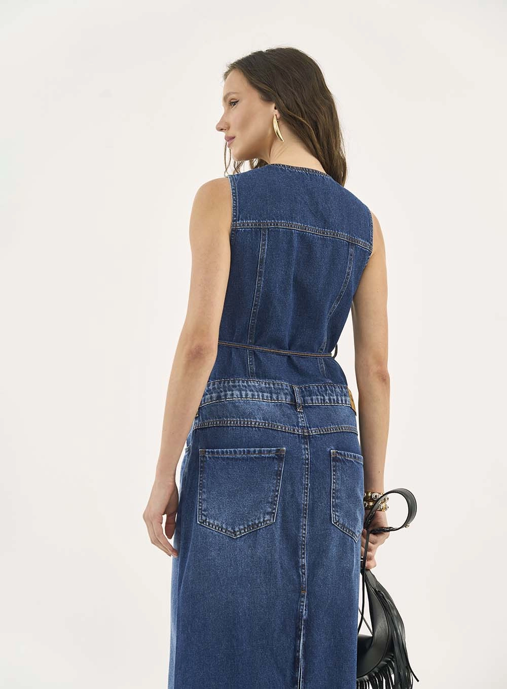 Vestido Longo Acinturado Com Fenda Índigo