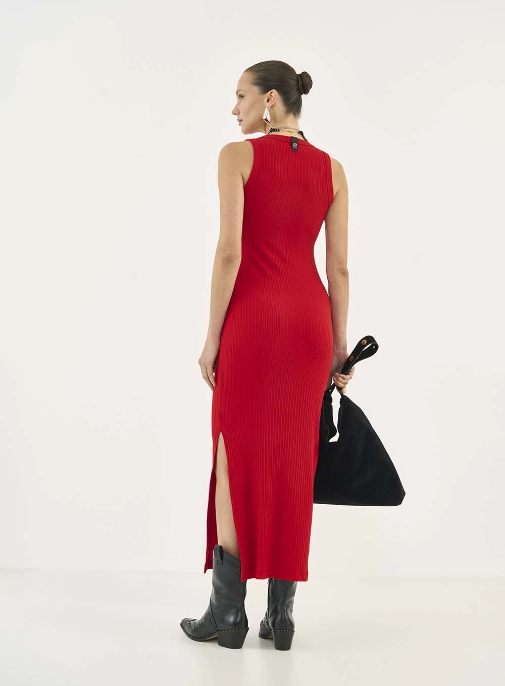 Vestido Midi Canelado Com Fenda Vermelho