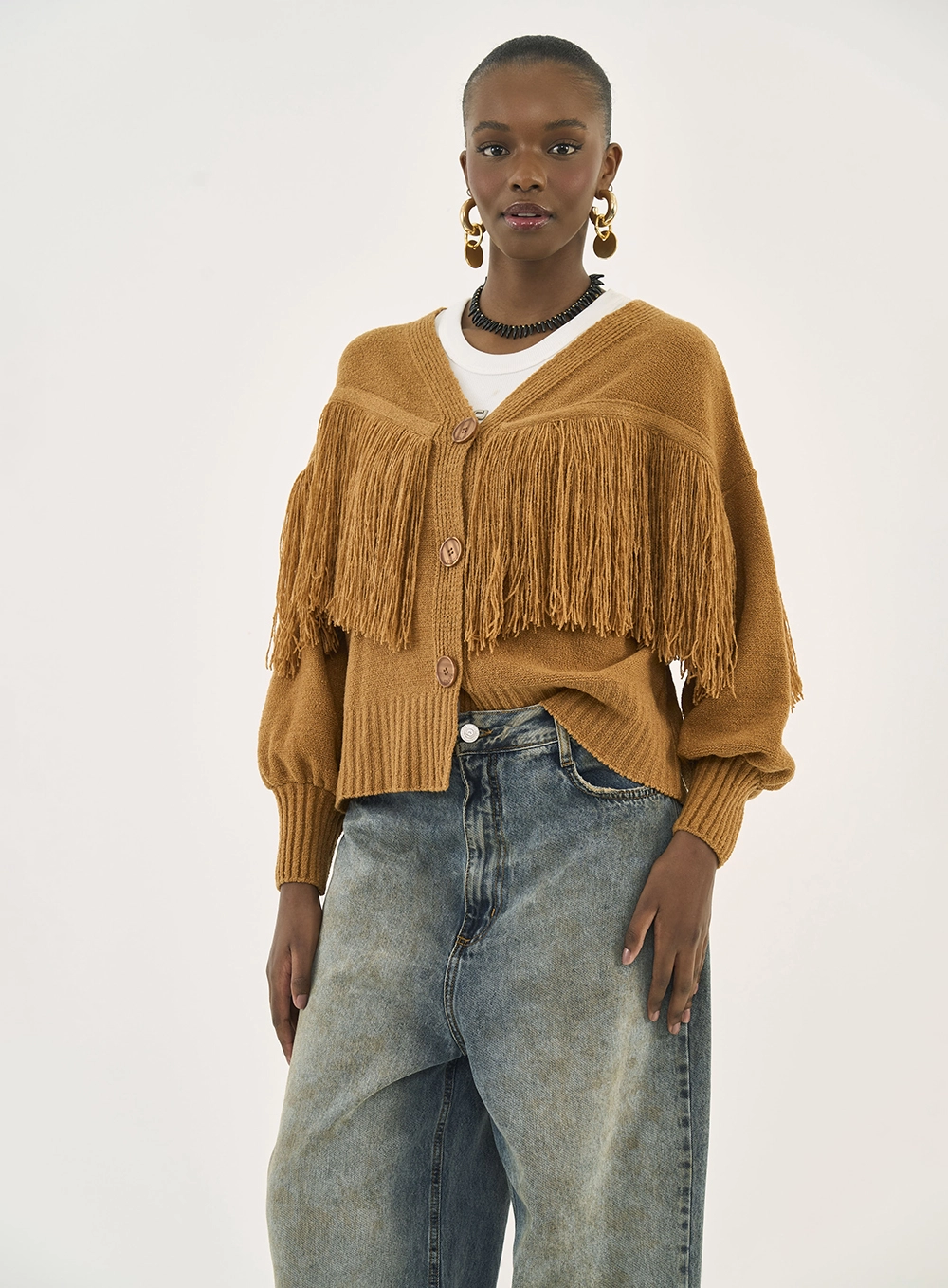 Cardigan Em Tricô Com Franjas Marrom
