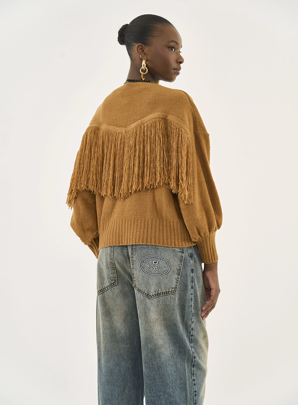 Cardigan Em Tricô Com Franjas Marrom