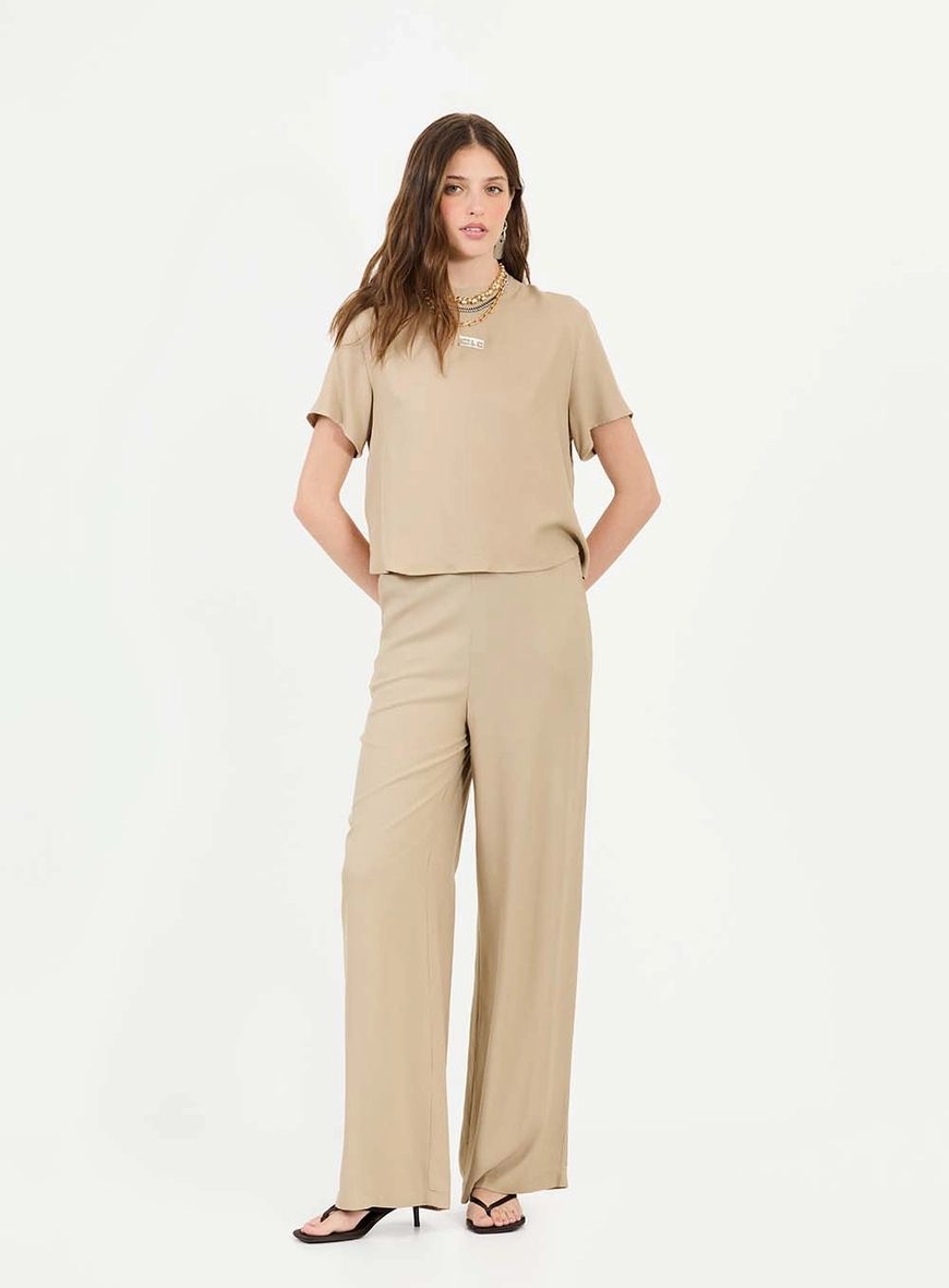 Calça Reta Com Elástico Comfort Wide Bege 1