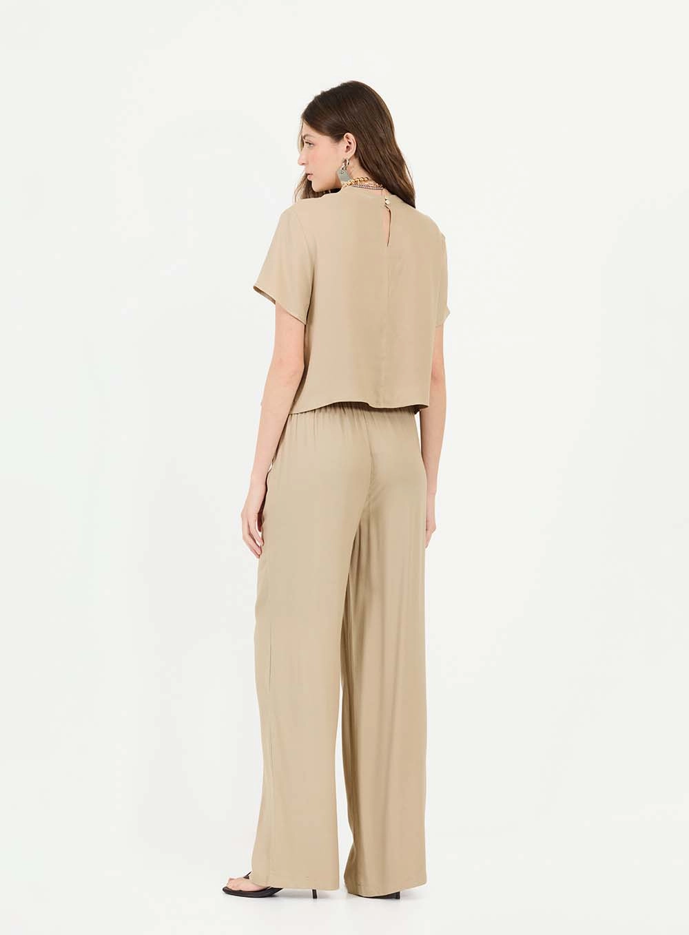 Calça Reta Com Elástico Comfort Wide Bege 2