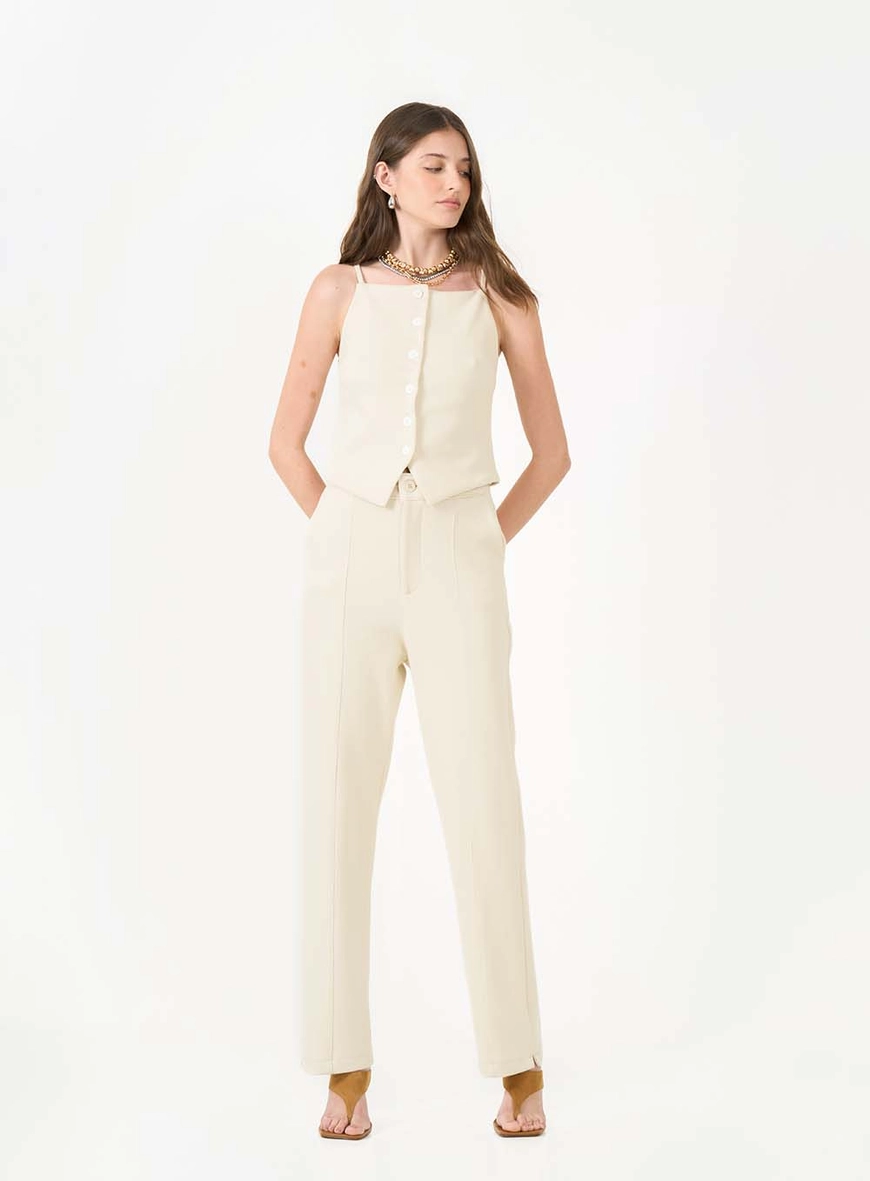 Calça Feminina Alfaiataria Reta Alta Bege Italian 1