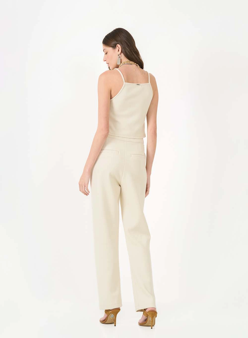 Calça Feminina Alfaiataria Reta Alta Bege Italian 2