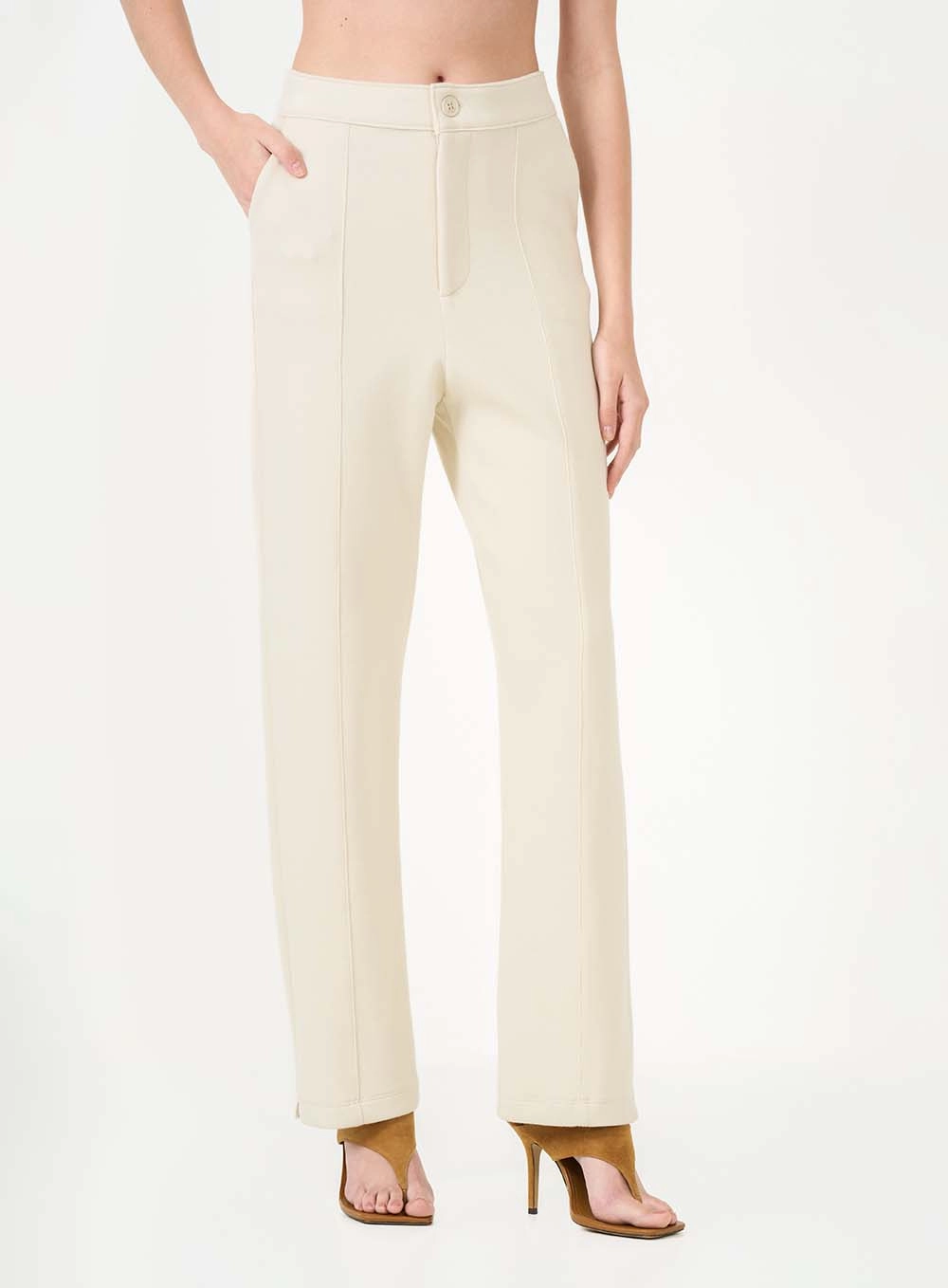 Calça Feminina Alfaiataria Reta Alta Bege Italian 4