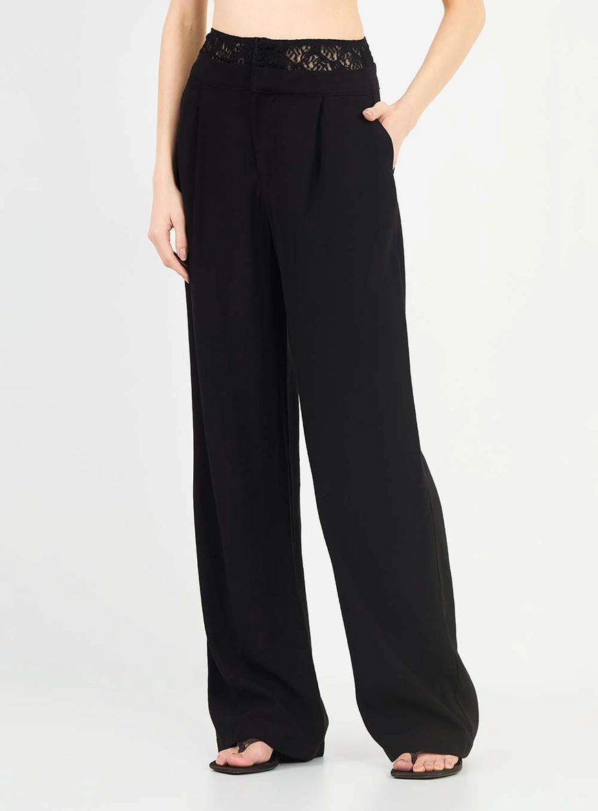 Calça Alfaiataria Feminina Wide Leg Detalhe Renda Preto 3