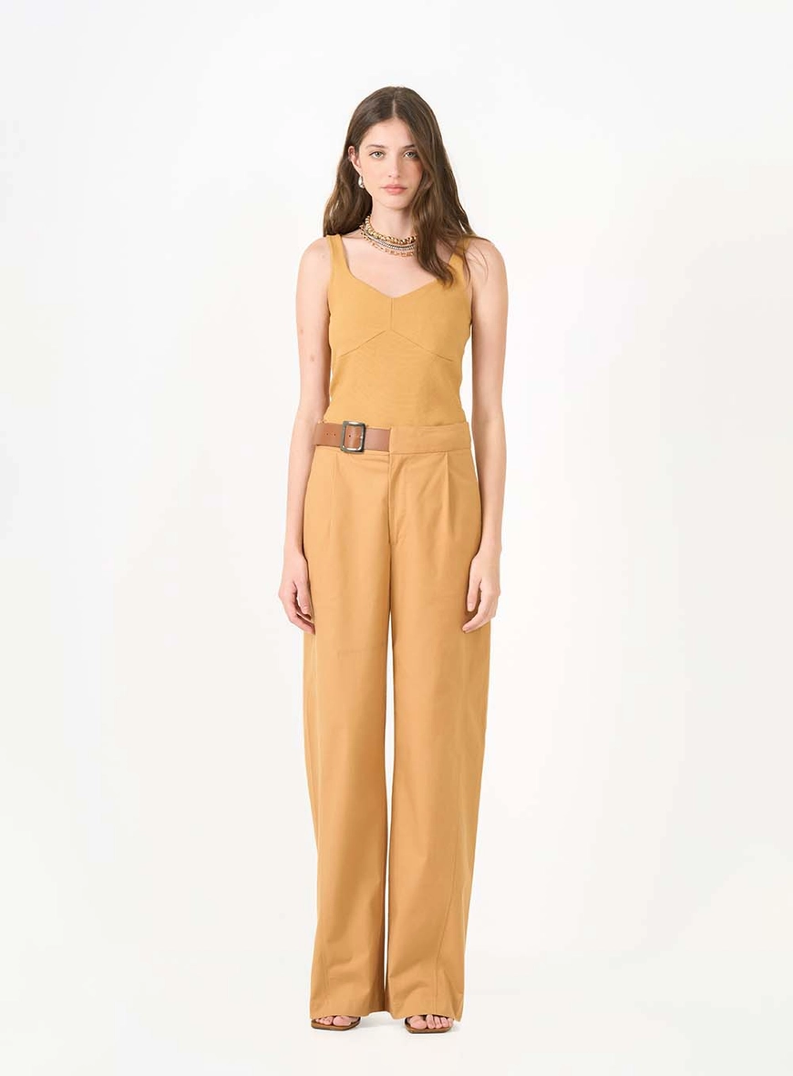 Calça Alfaiataria Wide Leg Com Cinto Marrom 1