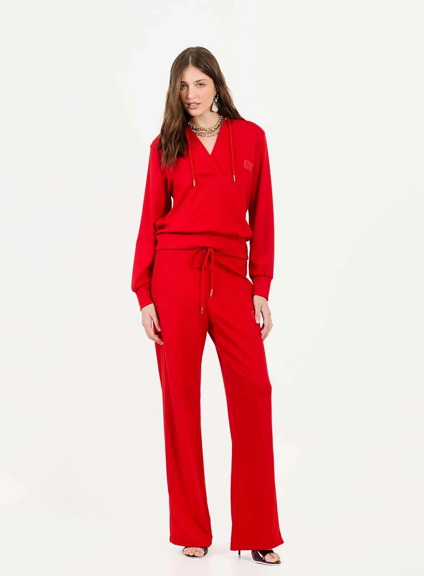 Calça Feminina Wide Leg Com Nervuras E Amarração Vermelho 1