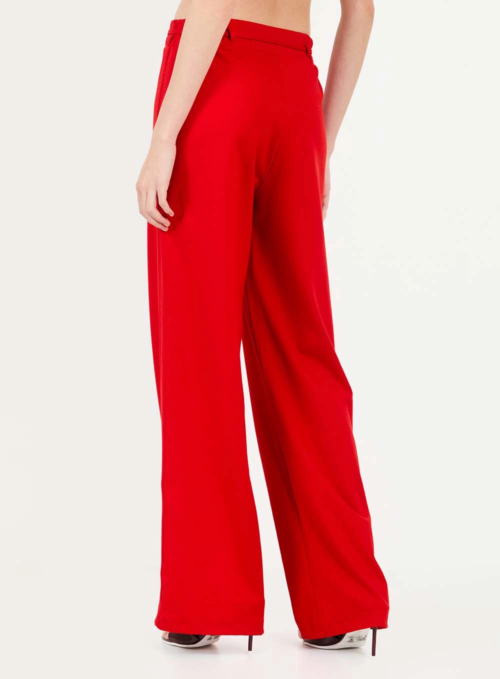 Calça Feminina Wide Leg Com Nervuras E Amarração Vermelho 3