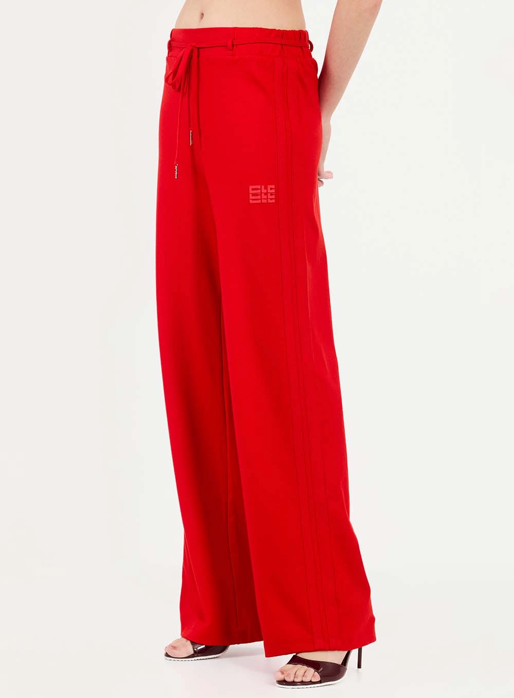 Calça Feminina Wide Leg Com Nervuras E Amarração Vermelho 4