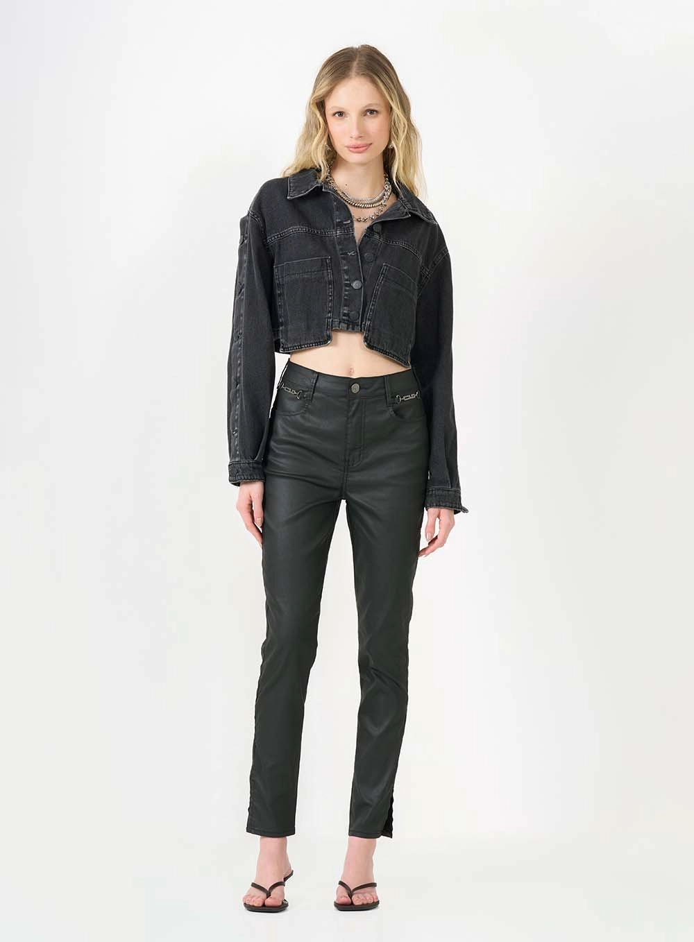 Calça Sarja Skinny Alta Resinada Preto 1
