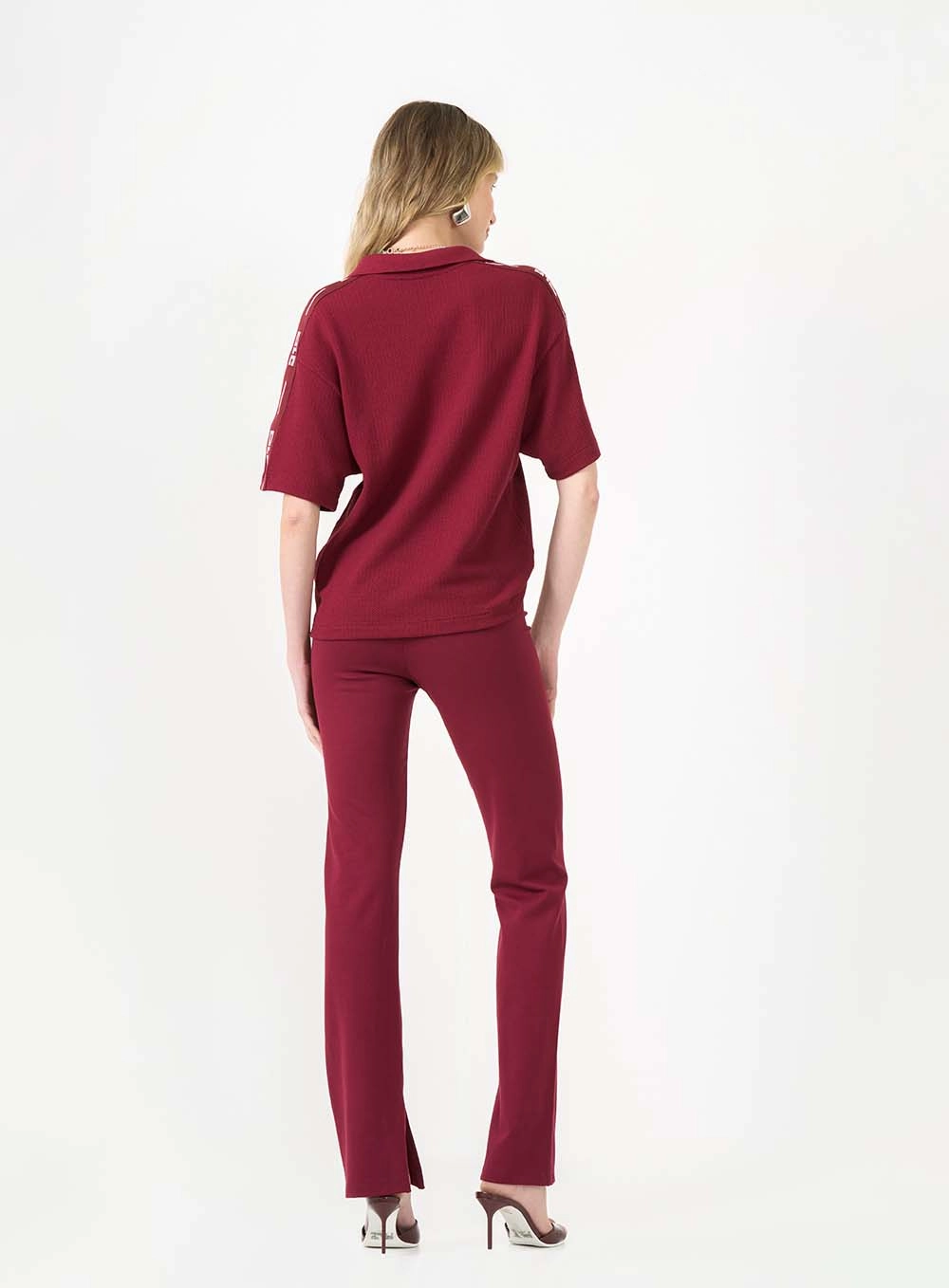 Calça Reta Slim Com Fenda Bordô 4