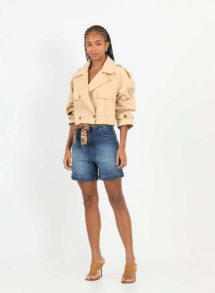 Bermuda Jeans Trapeze Alta Com Lenço