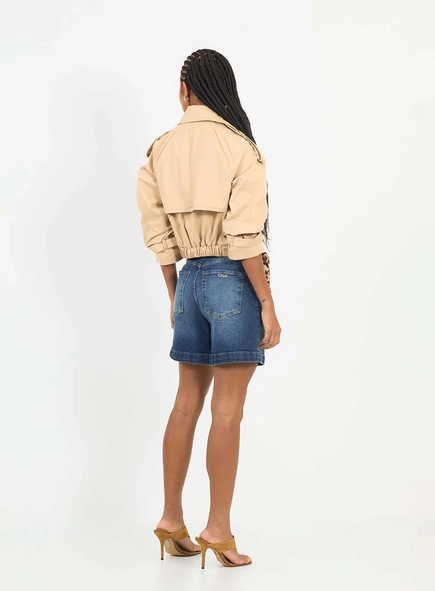 Bermuda Jeans Trapeze Alta Com Lenço