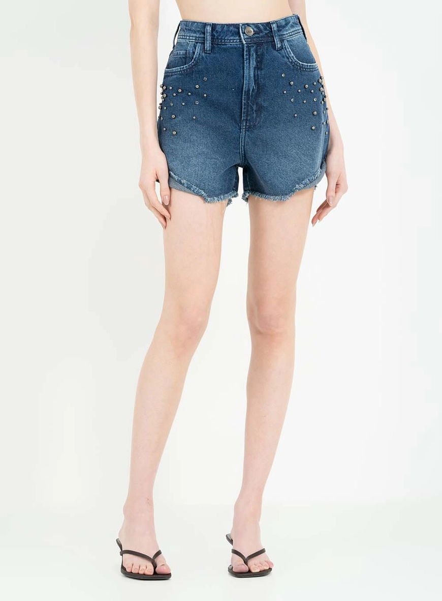 Short Jeans Trapeze Alto Com Aplicação Índigo 3