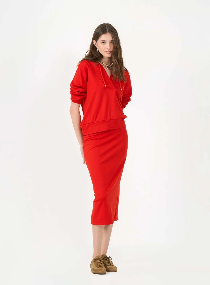 Saia Midi Slim De Cós Médio Com Fenda Vermelho 1